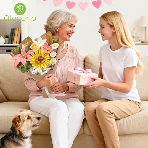 Alecono Crochet Flower Bouquet, Pink Knitted Flowers, Large Handmade Crocheted Flower for Anniversary Party for Her (Include Card) - color: Brown, Pink, Yellow, size: X-Large