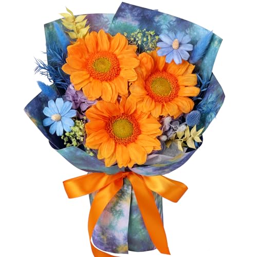 Forever Flowers for Delivery - Preserved Sunflowers Bouquet, Green Sunflowers that Last 3 Years, Eternal Flowers Bouquet, for Mom Grandma Wife, Anniversary Birthday Gifts for Women - color: Sunflower Blue
