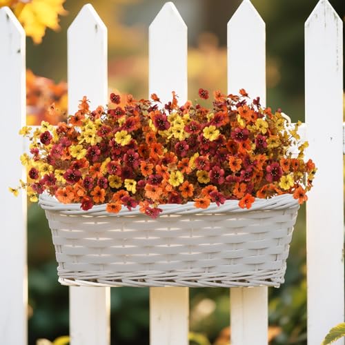 INQCMY Artificial Fake Fall Plants Flowers for Outdoor Outside Decoration,12 Bundles Faux Silk Colorful Daisy UV Resistant Look Real No Fade for Front Door Porch Patio Yard Balcony Autumn Decor - color: Orange Yellow Brown, size: 12 PCS