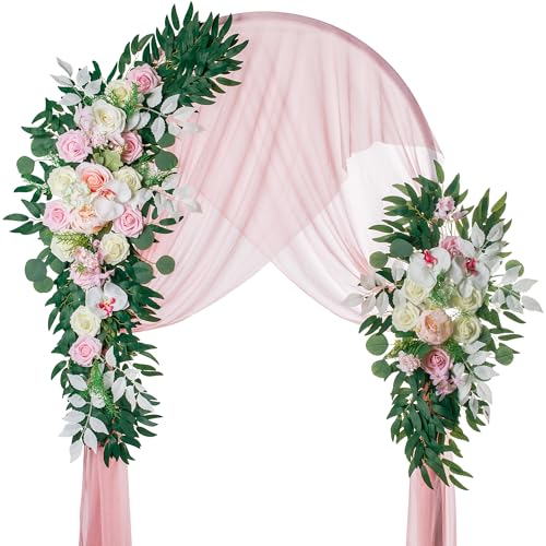 Lisuun Artificial Wedding Arch Flowers with Chiffon Runner, Pack of 3 | Includes 2 Flower Swags, 1 20ft Chiffon Runner and Zip Ties for Wedding Arches, Arbors and Backdrops - color: Blush&pink