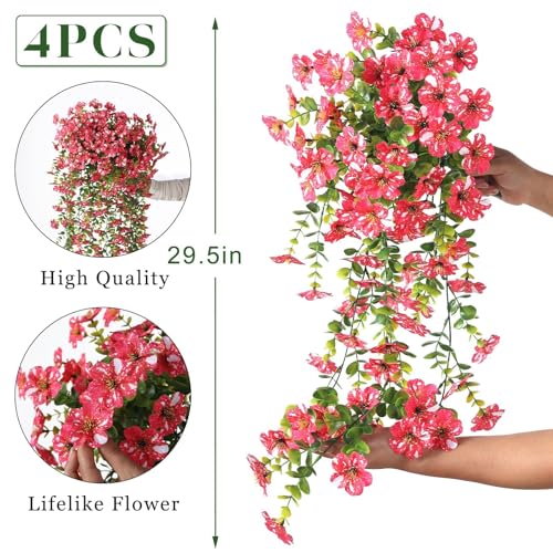 GLIDLION 4 PCS Artificial Morning Glory & Eucalyptus for Outside, Realistic Sun Resistant Fake Silk Hang Flower Faux Eucalyptus Leave for Patio Farmhouse Garden Porches Balcony Decor (Rose Red) - color: Rose Red