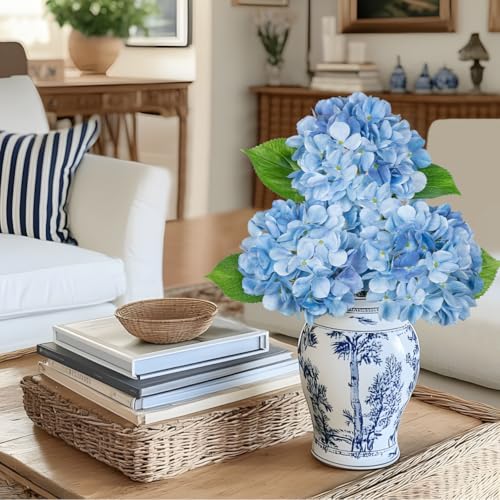 Oairse 3Pcs Blue Hydrangea Artificial Flowers 19.7 in Real Touch Faux Hydrangea Stems Silk Flowers with Stems Fake Blue Flowers Bouquet for Floral Arrangements Table Centerpieces Wedding Home Decor - color: Blue