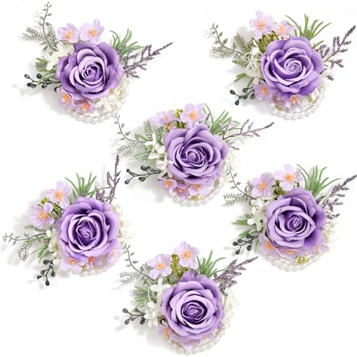 Serwalin 6 PCS Purple Wrist Corsage for Wedding, Corsages Wristlet for Bride Bridesmaid Mother Grandmother Girl, Artificial Flowers for Prom Ceremony Homecoming Anniversary - color: Purple, size: Corsage 6pcs