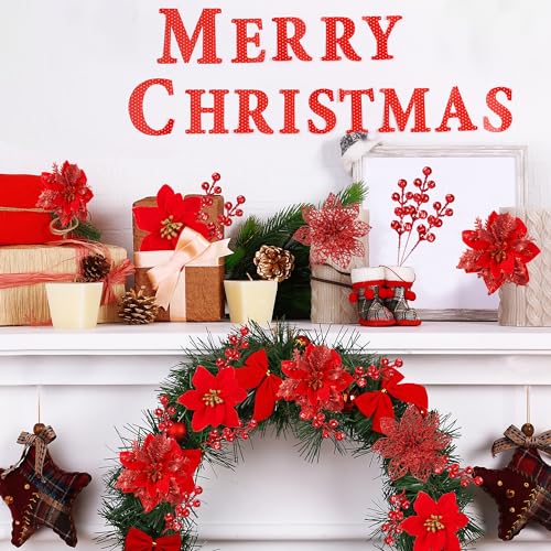 Sggvecsy 30 Pcs 3 Styles Christmas Glitter Poinsettia Flowers Artificial Berry Picks Christmas Tree Ornaments Artificial Christmas Flowers with Clips for Xmas Wedding Wreath Floral Decorations(Red) - color: Red