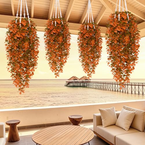 Waipfaru 4Pcs Fake Hanging Plants, Orange Eucalyptus Leaves UV Resistant Fake Vines Ivy Artificial Plants Outdoor Faux Plants Indoor Bedroom Living Room Boho Wall Porch Shelf Decor - color: Orange Eucalyptus Vines, size: 4Pcs Plants