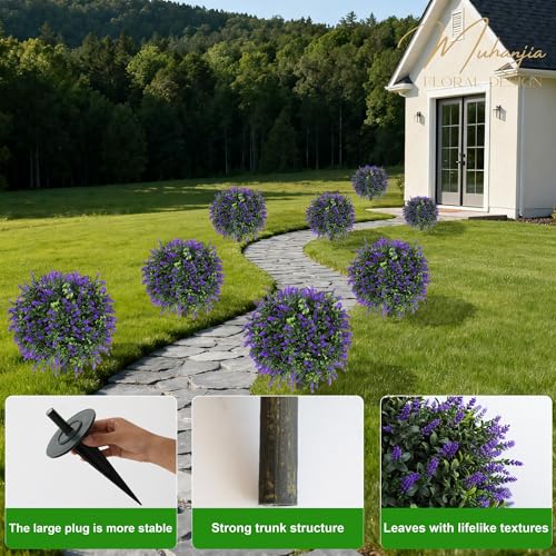 Muhanjia Artificial Boxwood Topiary Ball with Lavender,Set of 2,UV Resistant Artificial Shrub Bushes with Ground Spike,Fake Evergreen Plant Easy to Insert in Ground for Porch Outdoor Indoor (Lavender) - color: Lavender