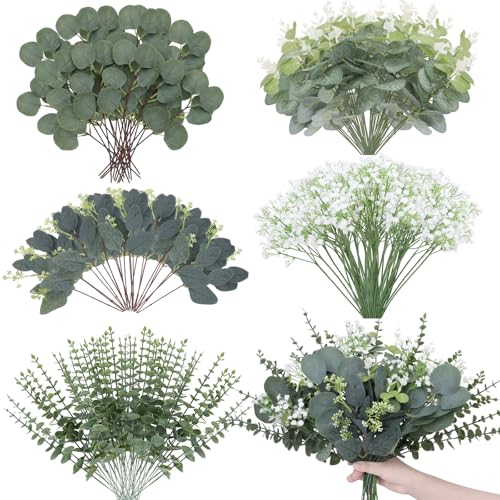 240 Pcs 5 Kinds Mixed Eucalyptus Leaves Stems Artificial Eucalyptus Leaves Bulk Silver Dollar Faux Greenery Picks for Wedding Vase Bouquet Centerpieces Decor - size: 240 Pcs