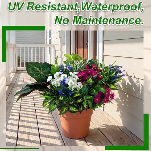 LUNETH 19PCS Artificial Plants Outdoor Fake Plants UV Resistant Artificial Flowers Greenery Stems Faux Plants Bushes for Outdoor Patio Garden Front Porch Yard Decor - color: Mix-1