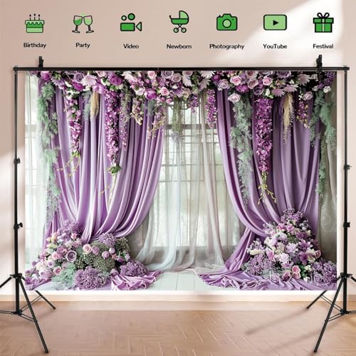 Purple Flower Wall Background Photography Purple Curtains Lavender Butterfly Backdrop for Girls Birthday Bridal Party Decorations Portrait Photo Studio Booth Props