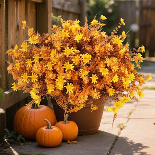 36pcs Fall Fake Flowers for Outdoor Realistic Artificial Flowers for Outdoor UV Resistant Faux Mums Plastic Autumn Flowers No Easy Fade Fall Thanksgiving Fall Flowers for Porch ＆Planter - color: Yellow ＆ Orange ＆ Brown（with Fall Ferns）, size: 36 pcs