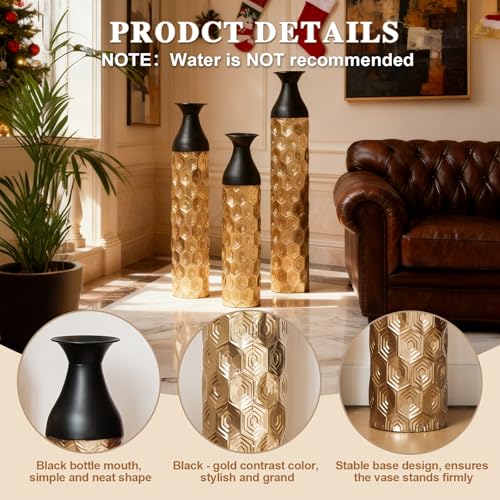 Floor Vases, Tall Home Decor Metal Vase Set of 3 Large Glazed Decorative Vases for Wedding Decor, Elegant Modern Flower Holder for Living Room, Entryway, Hallway - color: Hexagon Black Gold