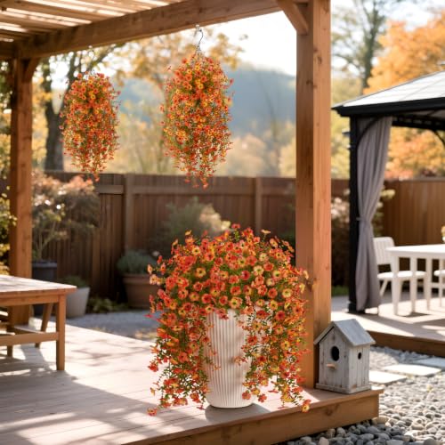 Fake Mums Artificial Fall Hanging Flowers for Outdoors Decoration 2 PCS Faux Mums for Outdoor Planters Fake Plants Look Real Daisy Flower No Fade Autumn Decor for Porch Home Patio Balcony and Yard - color: Orange Sunset