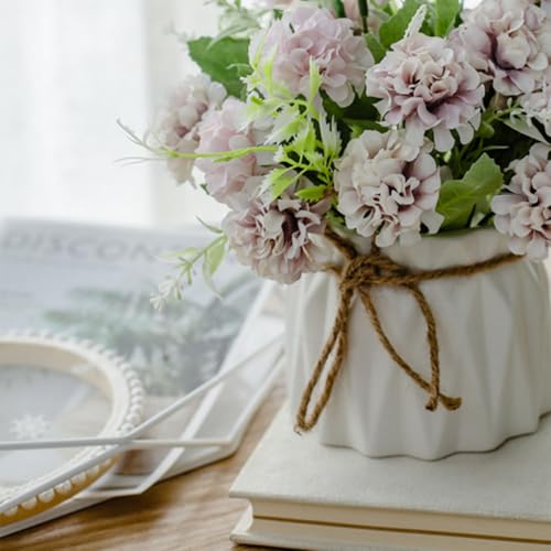 TKAS Fake Flowers Arrangement in Ceramic Vase, Artificial Faux Silk Hydrangea, Small Realistic Dried-Style Floral, Dining Table Centerpiece for Wedding Party Home Decoration (Purple) - color: Purple