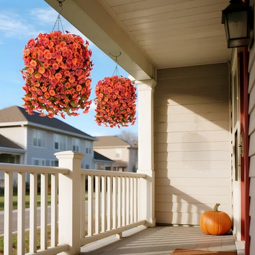 INXUGAO Artificial Flowers Plants with Hanging Basket, Fake Realistic Silk Morning Glory Petunia Long Vines, Faux Flower Arrangement for Outdoor Garden Patio Decor, OrangeRed - color: Orangered