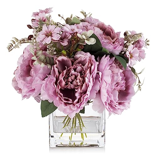 ENOVA FLORAL Artificial Flower Arrangement with Vase,Mixed Artificial Silk Peony Flower in Vase for Decoration Home Office, Wedding Centerpiece (Purple) - color: Purple