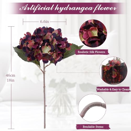 6PCS Realistic Artificial Silk Hydrangea Flowers, Premium Fake Hydrangea Flowers Bouquet with Stems, Full Faux Hydrangea Blooms for Home Wedding Table Party Office Decorations(Purplish Red) - color: Purplish Red