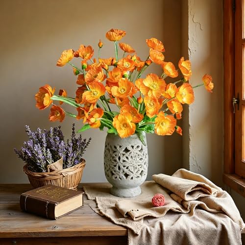 HCTCPALS Artificial Poppy Flowers, Orange, 6 Pcs, 23.5" | Silk Material, UV Resistant, Realistic Design, Indoor/Outdoor Use, Hanging Planter Decoration - color: Poppy Yellow