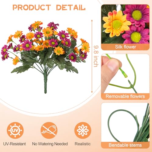 Fake Mums Spring Artificial Flowers for Outdoor Decoration, 6 Bundles Faux Silk Daisy Flowers Realistic UV Resistant No Fade Fake Plants for Home Patio Porch Garden Window Box Decor(Purple Orange) - color: Purple Orange