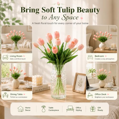 15 Pcs Red Artificial Tulips Fake Flowers, Premium Latex Lifelike Texture, UV Resistant Waterproof Faux Tulip Bouquets with Snap-on Petals for Outdoor, Home, Wedding Decor - color: Red