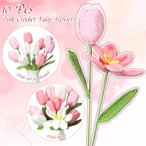 Shihanee 10 Pcs Tulip Crochet Flowers Bouquet Handmade Knitted Flower Decor Birthday Gifts for Mom Mother's Day Women Grandma Spring Home Vase Centerpiece, 13.7"(Pink, White) - color: Pink, White