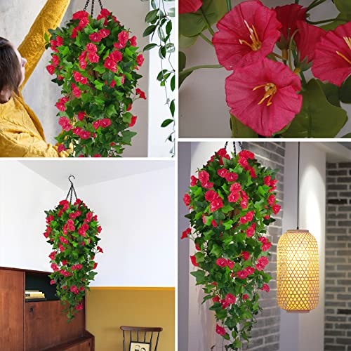 Artificial Fake Hanging Flowers Plants Basket for Spring Outdoor Outside Decoration, UV Resistant Faux Plastic Fabric Flower Morning Glory Wisteria Petunia for Garden Porch Patio Balcony Yard Decor - color: Rose Red