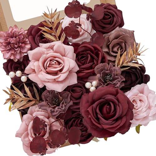 Serwalin Artificial Flowers Wedding Flowers, Fake Burgundy Flowers Pink Bridal Shower Centerpieces Silk Flower, Home Decor DIY - color: Burgundy Pink Roses, size: Square