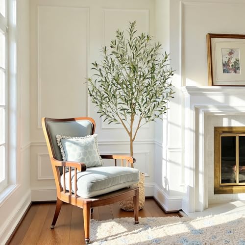 6ft Realistic Artificial Olive Tree with Real Wood Trunk, 72in Faux Olive Tree Indoor with Lifelike Leaves and Fruits, Faux Olive Tree for Home Office Living Room Bedroom Patio Decor - size: 6ft