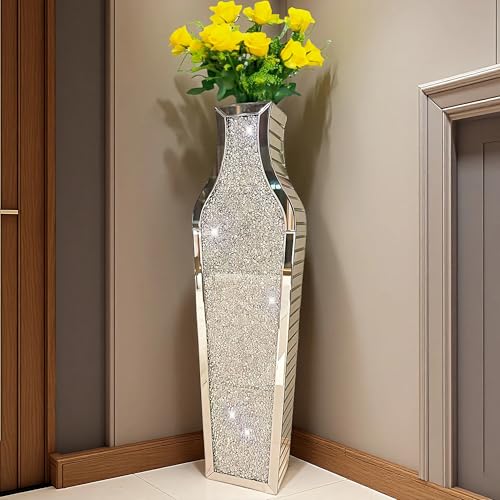 36" Extra Large Double Sided Crushed Diamond Vases, Extra Tall Mirrored Sliver Vase,Floor Vases Decorative Tall, Large Decorative Vase for Home,Office,Hotel Decor(10.6" L x5.37 W x 36" H) - size: 10.6" L x 5.37" W x 36" H