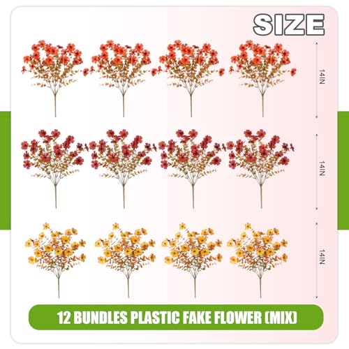 12 Bundles Fake Mums Fall Flowers Artificial for Outdoors Decoration Artificial Mums Faux Plants Daisy for Outdoor Outside Planters UV Resistant Violets for Fall Decor Home Porch Door Front Patio Yard - color: Z3-orange, Autumn Red, Yellow