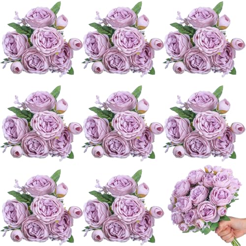 8 Bundles Artificial Peonies Flowers Boho Faux Flowers Arrangements Artificial Centerpiece Spring Bouquet Floral Wedding Decoration for Vase(Light Purple) - color: Light Purple
