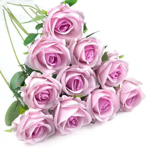 10 PCS Artificial Roses with Long Stems Silk Flowers Realistic Foam Flowers Fake Roses for Valentine's Day Home Wedding Halloween Decor(Light Pink) - color: Light Pink