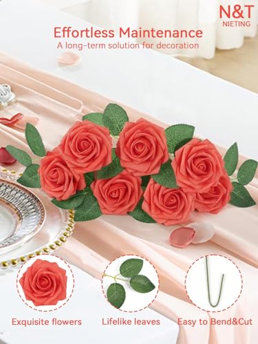 N&T NIETING Artificial Flowers 25pcs Real Touch Coral Foam Fake Roses with Stems for DIY Wedding Bouquets Bridal Shower Centerpieces Floral Arrangements Party Tables Home Decorations - color: Coral, size: 25pcs