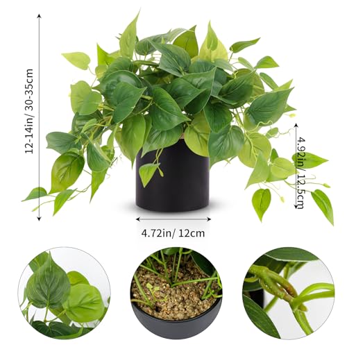 JPSOR Artificial Indoor Plants for Home Decor, 12 inches Pothos in Black Ceramic Pot with Iron Wire, 1 Count - color: B-black Ceramic Pot