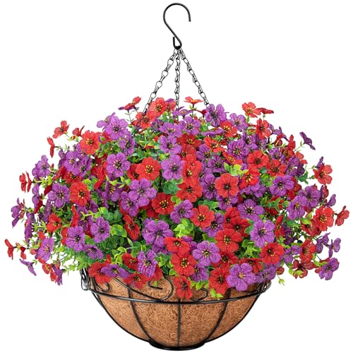 Artificial Fake Hanging Flowers Plants Basket Outdoors, Faux Silk UV Resistant Look Real Daisy Eucalyptus for Spring Summer Garden Porch Home Patio Balcony Yard Decorations, Red Purple - color: Red and Purple