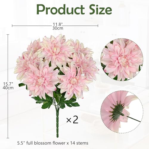 Hollyone 2Pcs Pink Artificial Dahlia Flowers Bush 7 Heads Silk Fake Dahlias Flowers with Stems Wedding Bouquets Faux Dahlia Flowers Arrangements for Outdoor Indoor DIY Table Centerpieces Home Decor - color: 2pcs - Pink