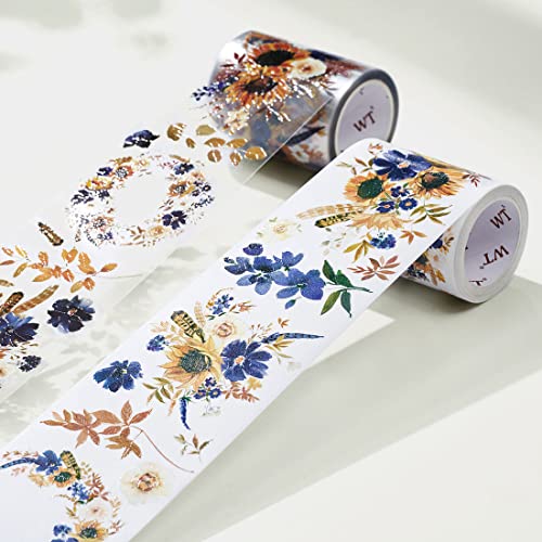 WT PET Tape, Floral Sunflower & Navy Design, Wide Decorative Craft Tape, Single Roll, Clear Transparent Tape for Bujo Planner & DIY Scrapbooking Supplies - color: WT Sunflower & Navy PET Tape