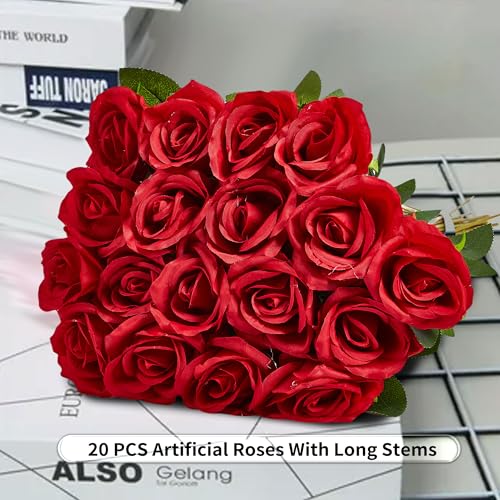 20PCS Artificial Roses with Long Stems - Realistic Silk Flowers, Fake Roses Real Touch Bouquet of Roses for Mother's Day, Home Decor, Bridal Wedding Party, Bulk Faux Rose Flowers (Red) - color: Red, size: 20 PCS