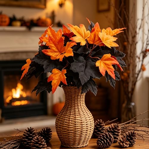 6 Pcs Artificial Maple Leaves Branches Fall Flowers 12 Inch Faux Fall Floral Stems Leaves with Black Orange Colors Fake Autumn Stems for Halloween Decor Thanksgiving Table Centerpiece - color: Black, Yellow