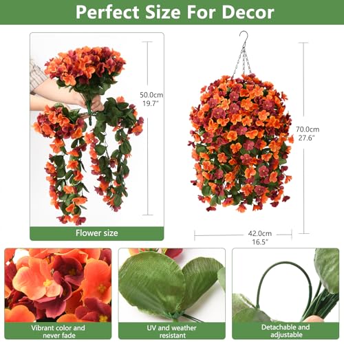 INQCMY Artificial Fake Hanging Plants Flowers Basket for Fall Autumn Outdoor Decoration,Faux Silk Begonia in Planter UV Resistant Realistic for Outside Home Porch Patio Balcony Yard Decor - color: Orange Brown