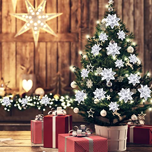36 Pcs Christmas Glitter Artificial Poinsettia Flowers Xmas Poinsettia Artificial Wedding Flowers Decorations Xmas Tree Ornaments with Clips for Party, 6 Inch, 4 Inch, 3 Inch(Silver and White) - color: Silver and White