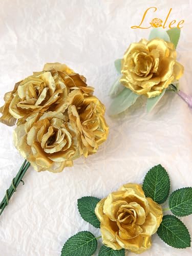 LELEE Rose Head Flowers with Stem - 108pcs Gold Rose Artificial Flowers Bulk - 3.1'' Silk Roses Fake Flower for Wedding Bouquet Party Home Decor DIY Baby Shower Centerpieces Tables Decoration - color: Gold