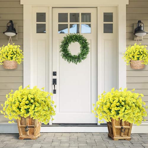 Artificial Flowers for Outdoors 12 Bundles Realistic Faux Plants UV Resistant Fake Silk Morning Glory with Eucalyptus for Front Door Planter Patio Porch Outside Spring Summer Decoration (Yellow) - color: Yellow