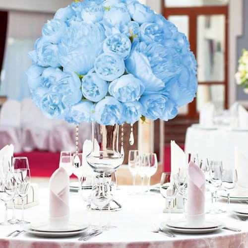 XunYee 85 Pcs Blue Artificial Peonies Faux Silk Flowers Bulk for Vase Spring Vintage Faux Peony Bouquet Florals Stems Arrangements for Wedding Table Centerpiece Farmhouse Birthday Vase Filler - color: Blue