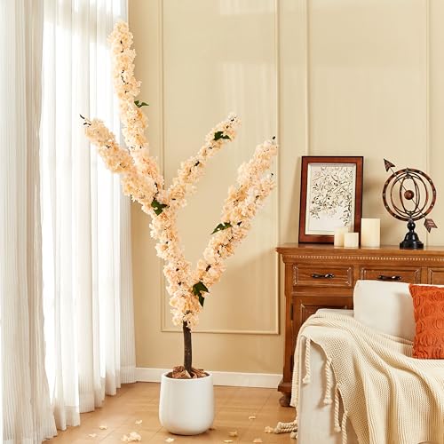 6Pcs 35.4FT Champagne Cherry Blossom Garland 6pcs Silk Pink Flowers Garland Artificial Cherry Blossom Vines Hanging for Wedding Party Sakura Cute Spring Summer Decor - color: Champagne, size: 6 PC