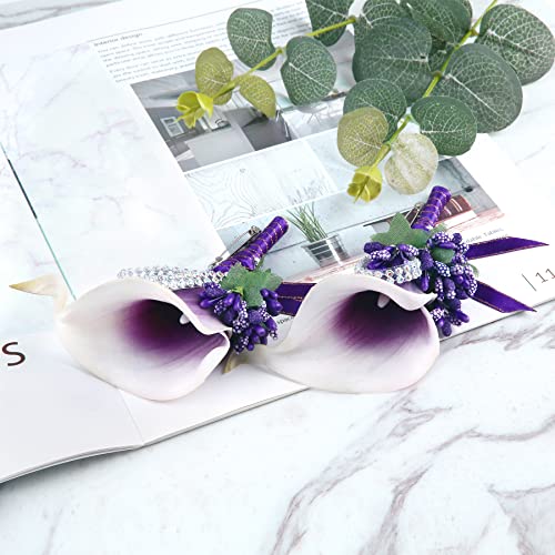Calla Lily Boutonniere Men Wedding with Pins Set of 6, Handmade Picasso Calla Lily Groom Groomsman Boutonniere for Wedding Ceremony Anniversary (Purple) - color: Calla Lily- Purple, size: 6 Packs