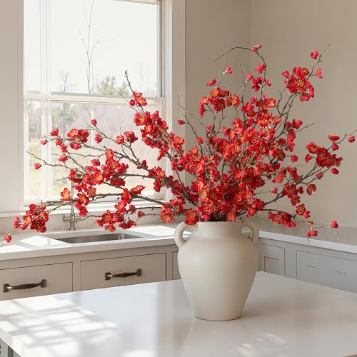 florisso 6 PCS Artificial Cherry Blossom Branches Spring Indoor Decoration, Faux Red Flowers 34.45" Long Stems Fake Plum Peach Plants Real Touch Silk for Wedding Home Bedroom Party Table Office - color: A-red