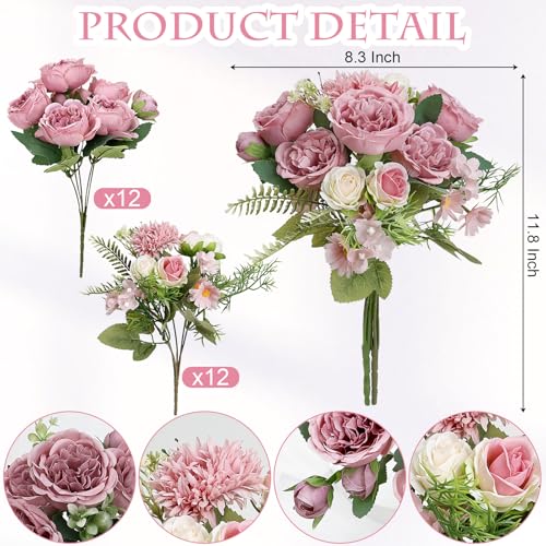 Peonies Artificial Flowers Bulk, 24 Bundles Silk Fake Peonies with Stems Dusty Rose Faux Peony Bundles for Spring Summer Wedding Bouquet Home Bridal Baby Shower Party Centerpieces Vase - color: Dusty Rose