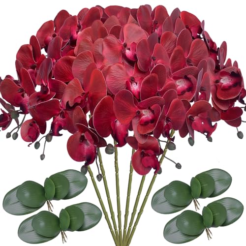 FagusHome 6 Pcs Artificial Phalaenopsis Flowers with 4 Bundles Leaves Artificial Orchid Flowers Stem Plants for Home Décor (Red), FH146