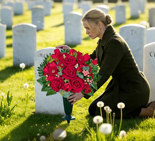 Silk Cemetery Flowers for Grave with Vase, Artificial Grave Flower for Cemetery Vase, Memorial Day Flowers for Headstones:Red Rose,Tulip,Look Real,No Fading