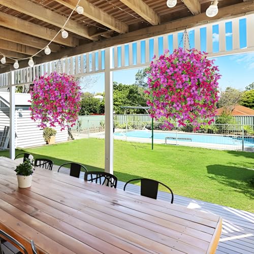 INXUGAO Artificial Hanging Flowers Plants with Basket for Outdoors, Realistic Faux Silk Daisy Flower Eucalyptus for Spring Decor, UV Resistant Fake Plants for Porch Patio Yard Balcony, Purple Violet - color: A-purple Red Violet